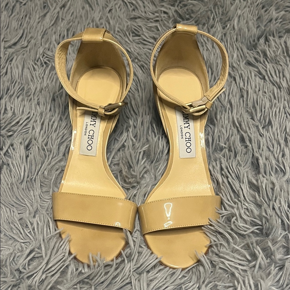 Jimmy Choo Beige Patent Leather Ankle-Strap Sandals